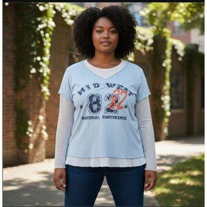 Y2K Layered Longsleeve Shirt V-neck Light Blue Varsity Sz 18W 20W VTG